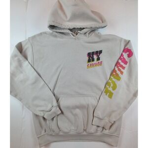 Human Condition NY Savage Anime Graphic Hoodie Beige Mens Small Streetwear Manga